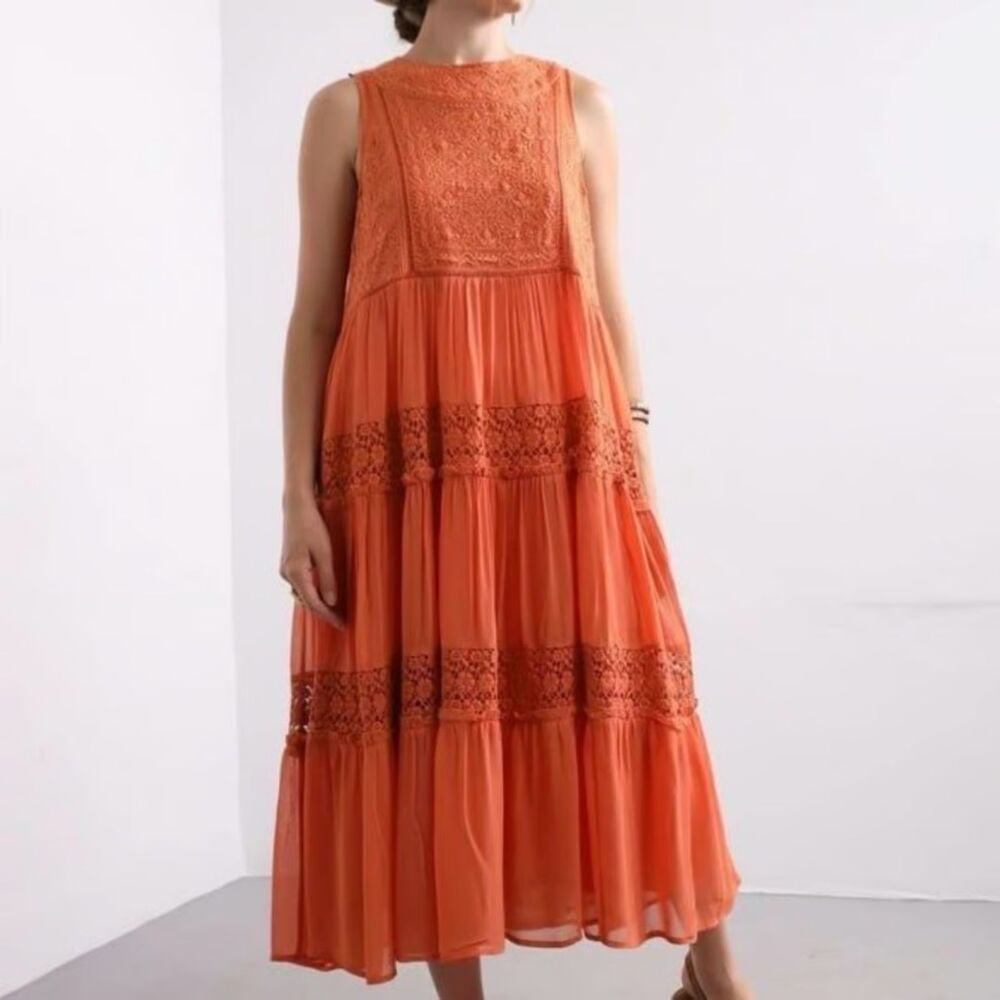 SUNDANCE S Yasmine midi boho maxi tiered cottage core lace flowy dress